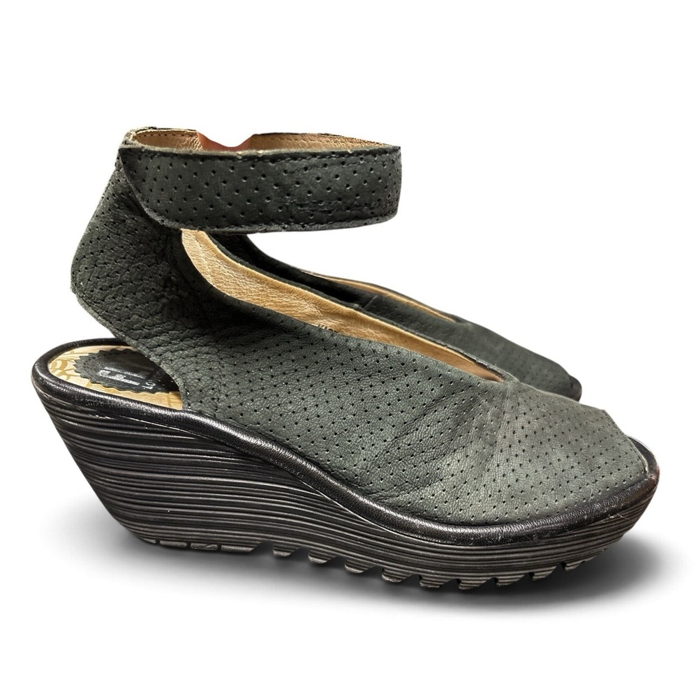 Fly London Yala Perf Black Perforated Suede Wedge Sandals Size 39 US 8-8.5